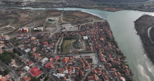 Aerial view of Orthodox Svetitskhoveli Cathedral in Mtskheta, Georgia