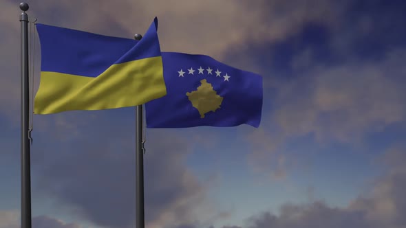 Kosovo Flag Waving Along With The National Flag Of The Ukraine - 2K