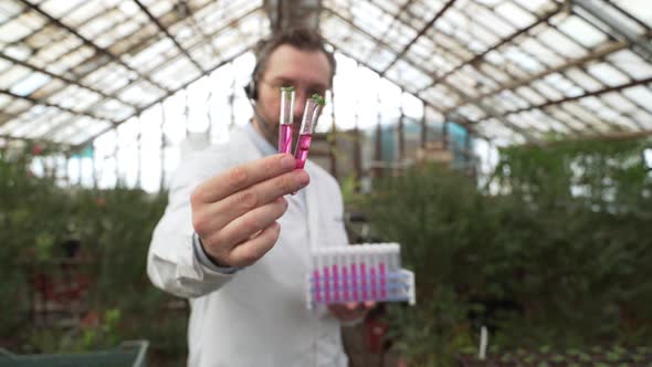 Scientist Holds Test Tubes with Plants in His Hands
