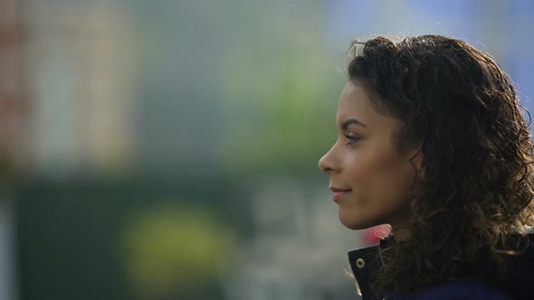 Beautiful Biracial Young Lady Portrait in Profile, Inspired Woman Model Smiling