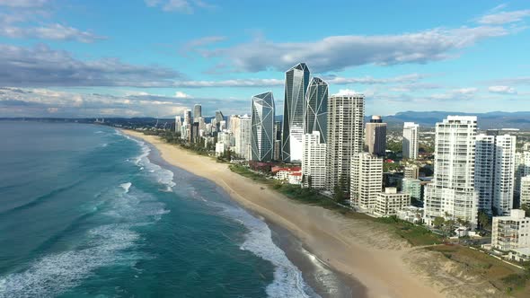 Flying down along golden Gold Coast beaches, Broadbeach, Australia