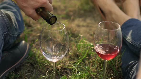 Adult Couple at Picnic Drinking Wine, Family Traditions Winery, Close Up