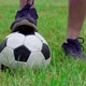 Man's Foot in a Sneaker Swings a Ball Before Hitting It on Green Grass Close Up - VideoHive Item for Sale