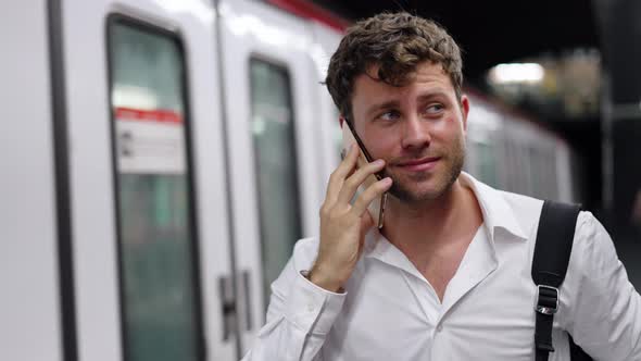 Happy Male Entrepreneur Speaking on Cellphone on Station