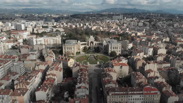 Aerial view of Palace Longchamp with cascade fountain in the heart of Marseille