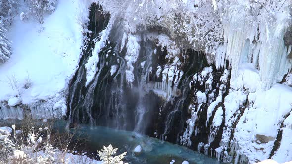 Shirahige Waterfall And Biei River In Winter