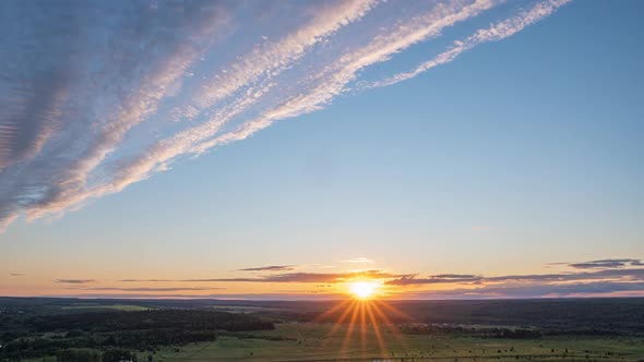 Aerial Scene of High Panoramic View at Sunset. Beautiful Clouds Blue Sky, Sun Glow Cloud, Background