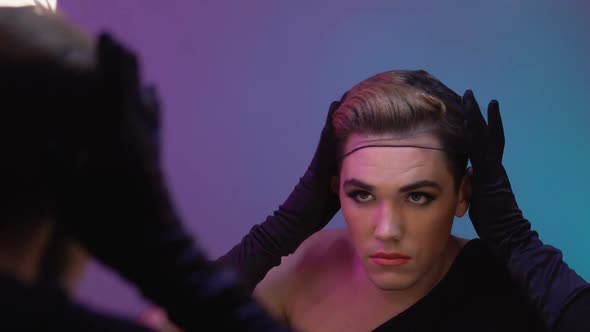 Travesti Dress Putting on Hairnet, Preparing for Night Club Show, Drag Queen