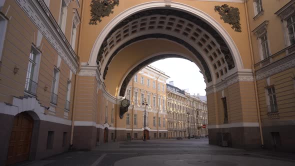 Triumphal Arch Leading To Palace Square In Saint Petersburg Russia. Empty Street alt