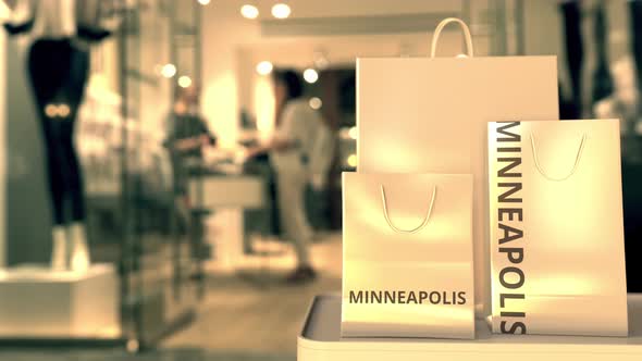 Bags with Minneapolis Text. Shopping in the United States Related Conceptual 3D Animation