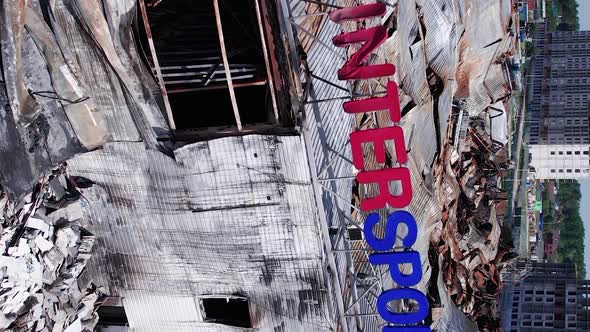 Vertical Video of the Consequences of the War in Ukraine  a Bombedout Shopping Center