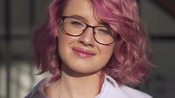 Smiling Young Hipster Girl Pink Hair Wear Glasses Happy Face Close Up Portrait