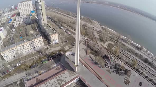 Flying over city waterfront in Volgograd, Russia