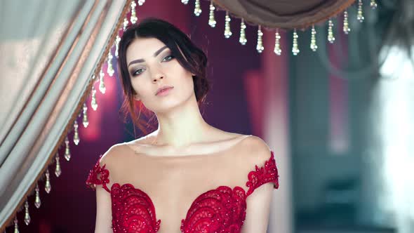 Medium Closeup Adorable Hispanic Young Sexy Woman in Evening Sparkly Red Dress