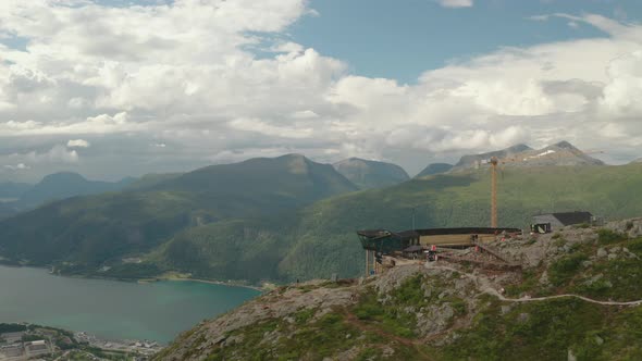 Aerial View Of Eggen Restaurant Overlooking Romsdalsfjorden With Mountain Views In Andalsnes, Norway