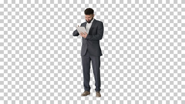 Businessman standing and using tablet computer, Alpha Channel