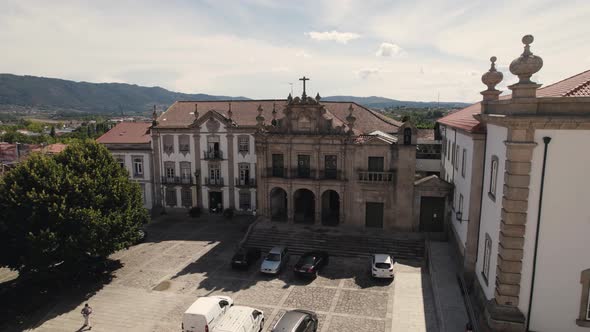 Aerial circle view of baroque church (Misericordia) in Chaves. Portugal