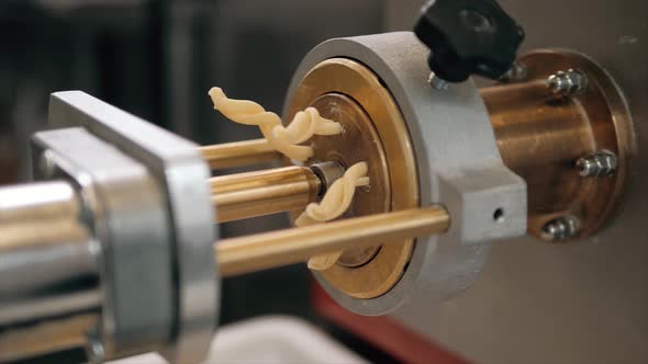 Tortiglioni Cazarece Spaghetti Pasta Falling From a Spout As They Travel Along the Production Line