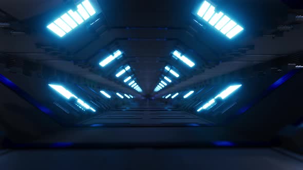 Fly Inside Of Futuristic Metallic Corridor With Blue Laser Neon Lines 3