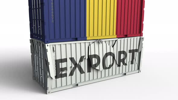 Cargo Container with Flag of Romania Breaks Container with EXPORT Text alt