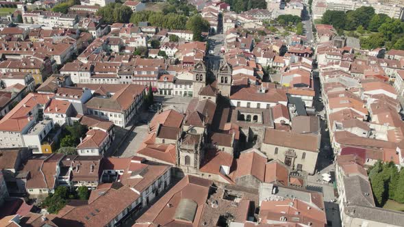 Braga Cathedral with Gothic and baroque features, Portugal. Picturesque aerial cityscape