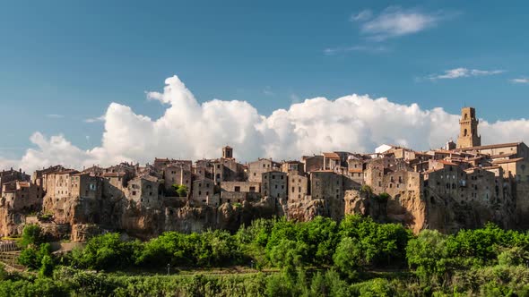 Pitigliano, Italy. Old Houses That Protrude From a Large Outcrop of Tuff. Time Lapse