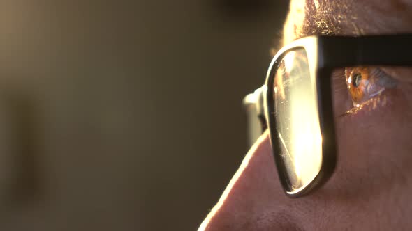 Man with Glasses Looks at the Computer Screen