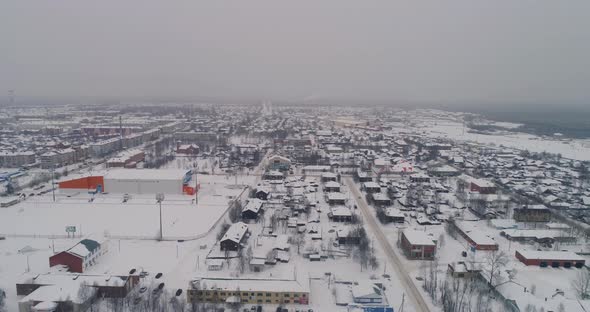 Sovetskiy city. Aerial. Winter, snow, cloudy. Khanty Mansiysk Autonomous Okrug (HMAO), Russia. 04