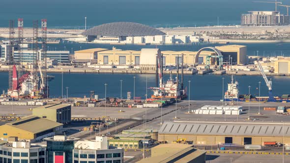 Big Cargo Ship at Industrial Port Timelapse Aerial Fiew From Above at Evening in Abu Dhabi