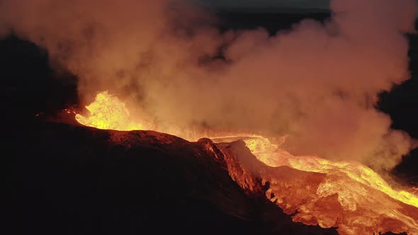 Drone Over Lava Flow From Erupting Fagradalsfjall Volcano In Reykjanes Peninsula
