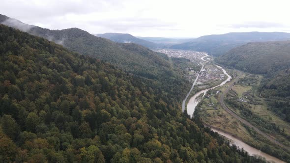 Aerial View of the Village in the Carpathian Mountains in Autumn. Ukraine