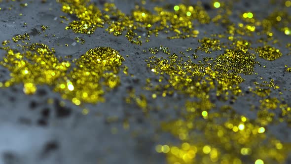 Macro Close Up Shot Of Golden Wet Glitter. Golden Space Glittering Particle Background. 