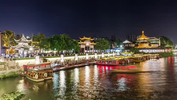 Time Lapse of Nanjing Confucius Temple scenic region and Qinhuai River