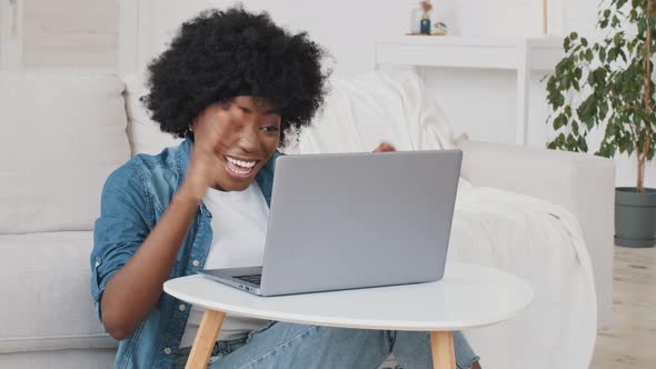 Happy Overjoyed African Woman Read Great News Feel Good Surprise About Job Opportunity