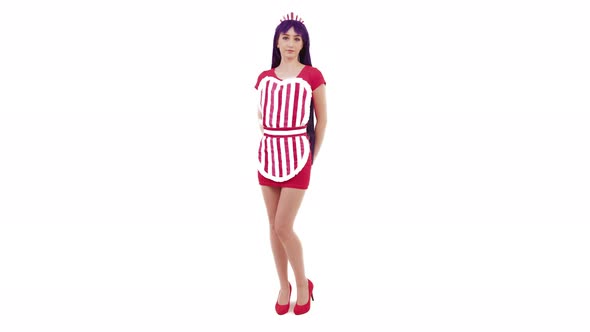 Caucasian Sailor Mars Woman Cosplayer Waiting With Her Hands Behind The Back White Background Full