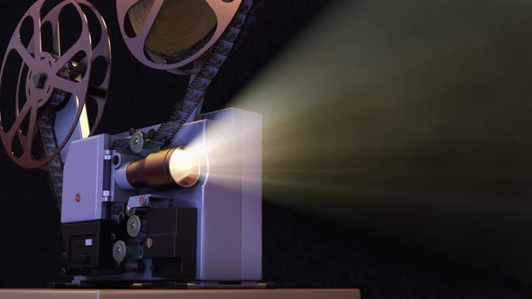 Movie Projector with Film Reel Plays the Old Retro Video on Projection Screen