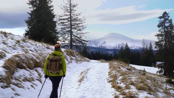 A Woman Travels in the Mountains in Winter