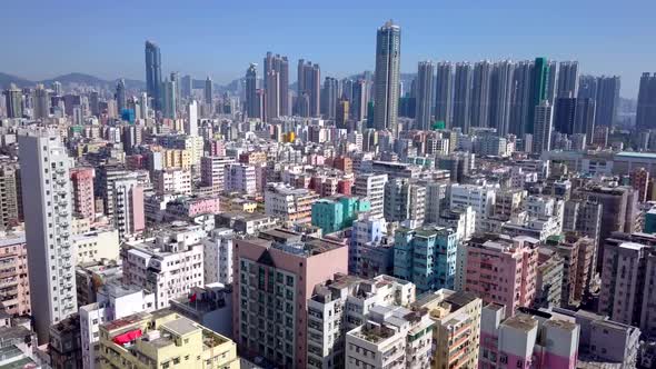 Drone fly over Hong Kong urban city