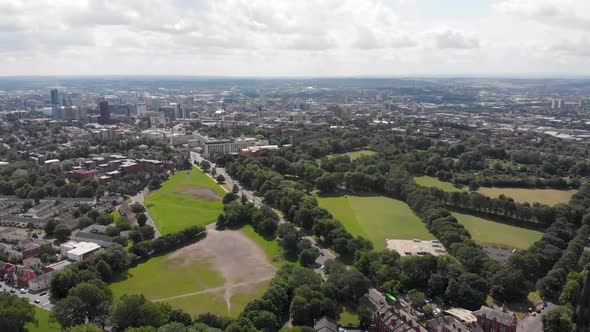 Aerial footage of the Leeds town of Headingley, the footage shows the famous Leeds University in UK