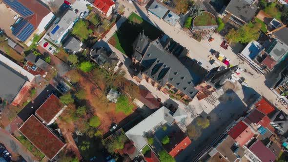 Beautiful morning top view of the central part of Viernheim. Old catholic cathedral.