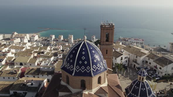 Aerial Drone Flyover Coastal Altea Old Quarter Cathedral And Cityscape, Spain