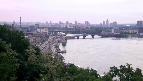 The Center of Kyiv Cityscape with Traffic Jams Cars Driving Through the City