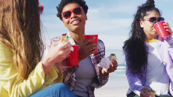 Happy group of diverse female friends having fun, having picnic at the beach