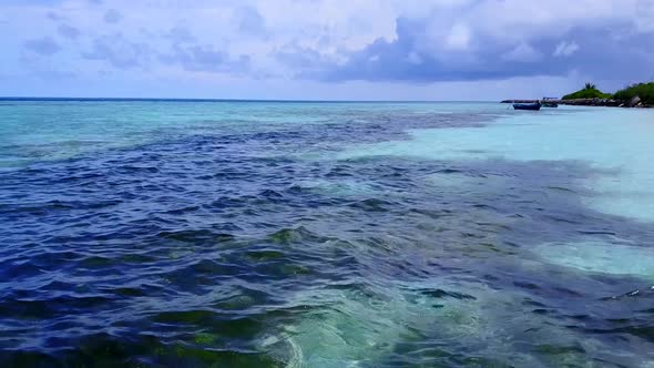 Aerial sky of exotic bay beach break by clear lagoon with sand background