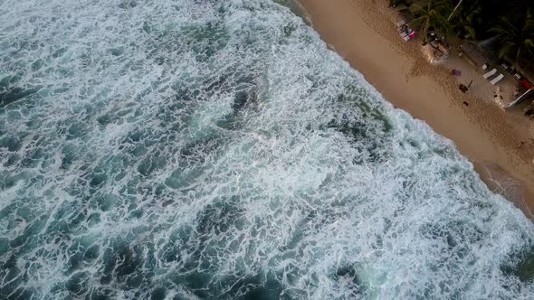 Ocean Waves Roll on Sandy Coastline with Green Palm Trees