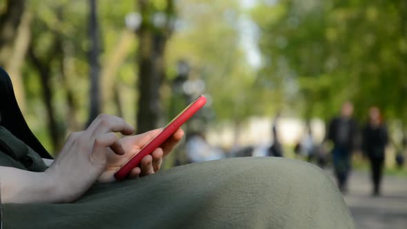 Mobile and Female Hands a Summer Park