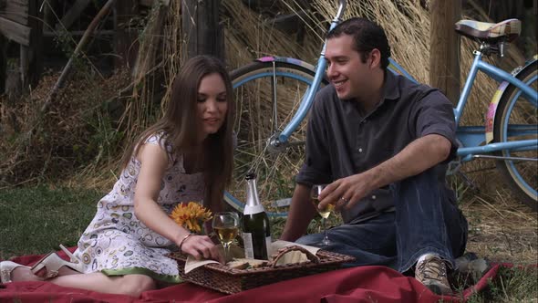 Slow motion of young couple having a picnic and talking.