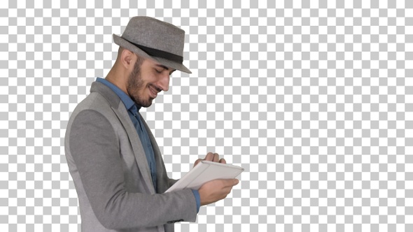 Casual Man Using Tablet and Smiling While Waking, Alpha Channel