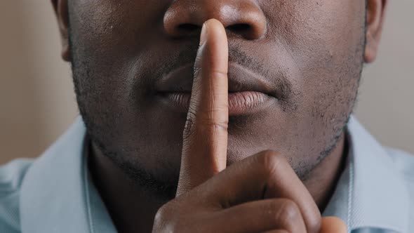 Mysterious Unknown Male Face Part African American Adult Man Put Finger to Lips Ask Be Quiet Make