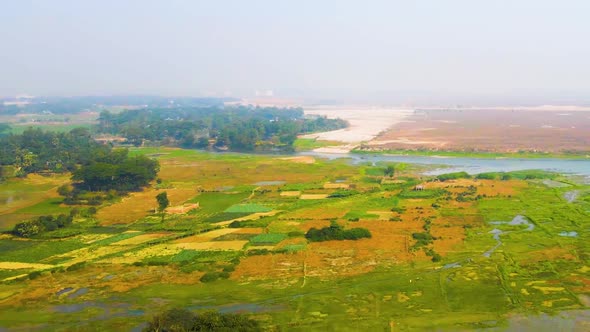 Aerial view of paddy fields in the wetlands of Bangladesh